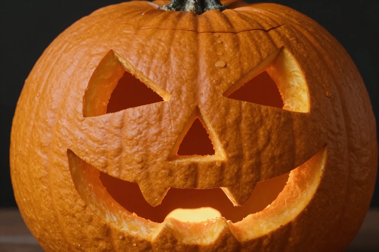 Close-up of a carved glowing jack-o'-lantern with an angular spooky face against a dark background