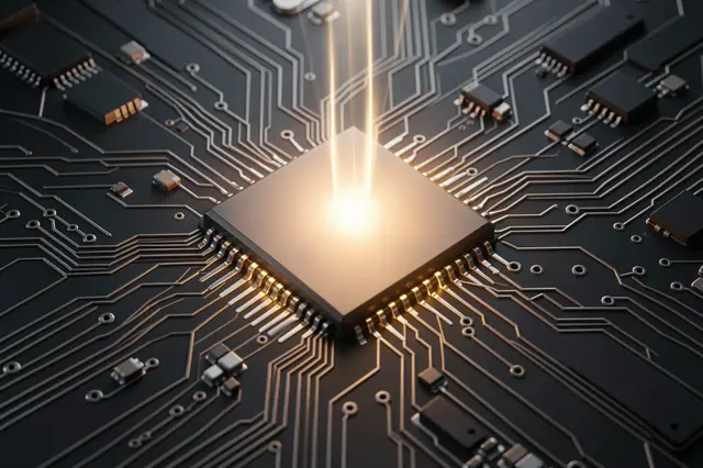 A square microchip at the center of a dark circuit board glows with incoming golden light beams.