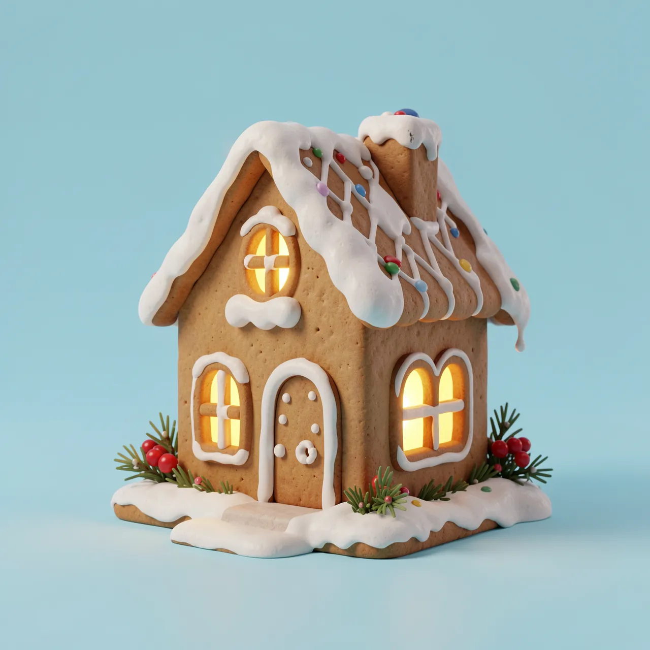 3D rendered gingerbread house with glowing windows, icing snow and festive details on a pastel blue background
