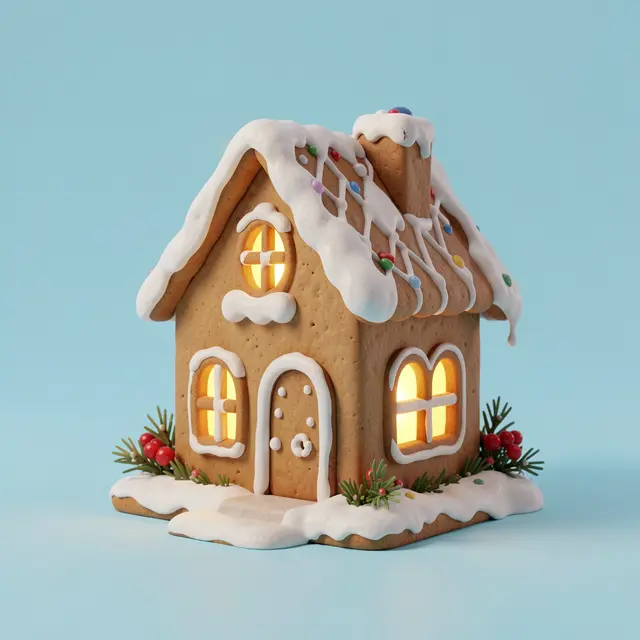 3D rendered gingerbread house with glowing windows, icing snow and festive details on a pastel blue background