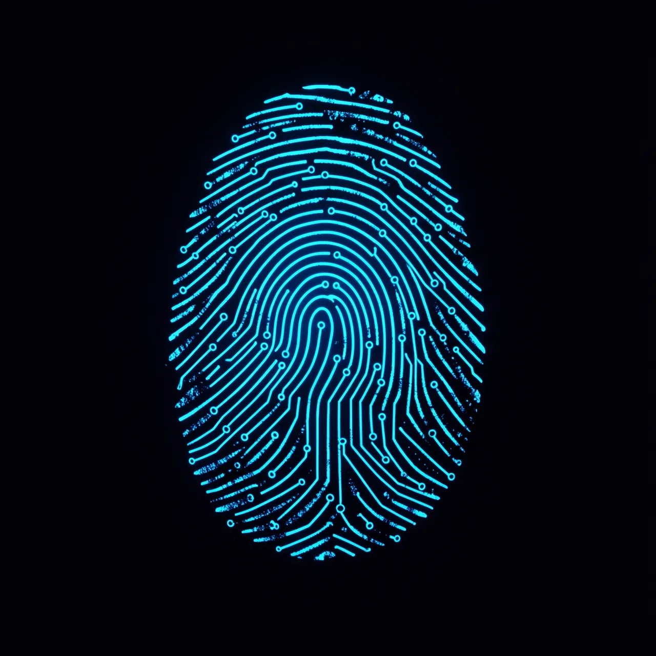 A glowing bright blue fingerprint made of circuit traces against a solid black background