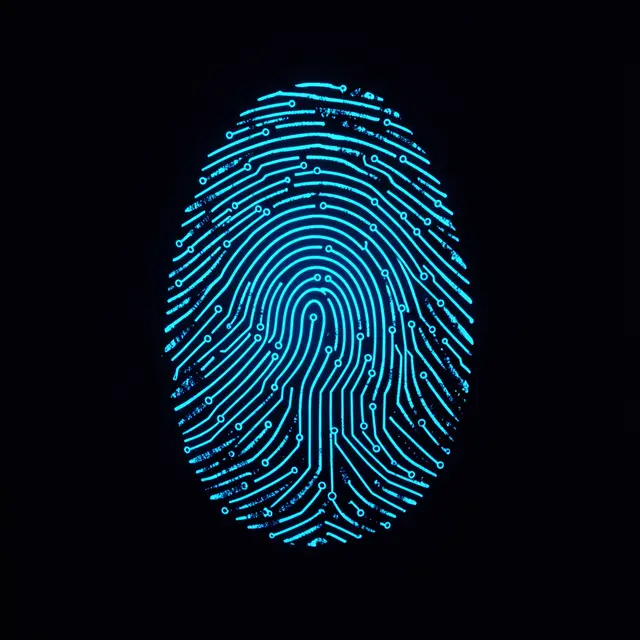 A glowing bright blue fingerprint made of circuit traces against a solid black background