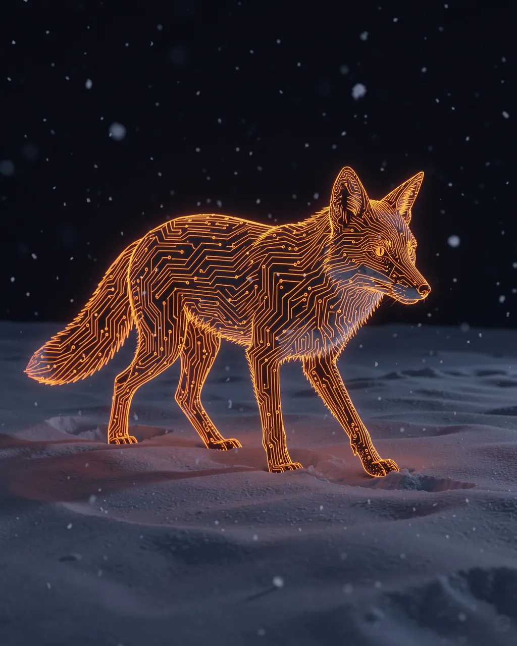 A fox constructed from glowing orange circuit traces walks across a dark snowy night field