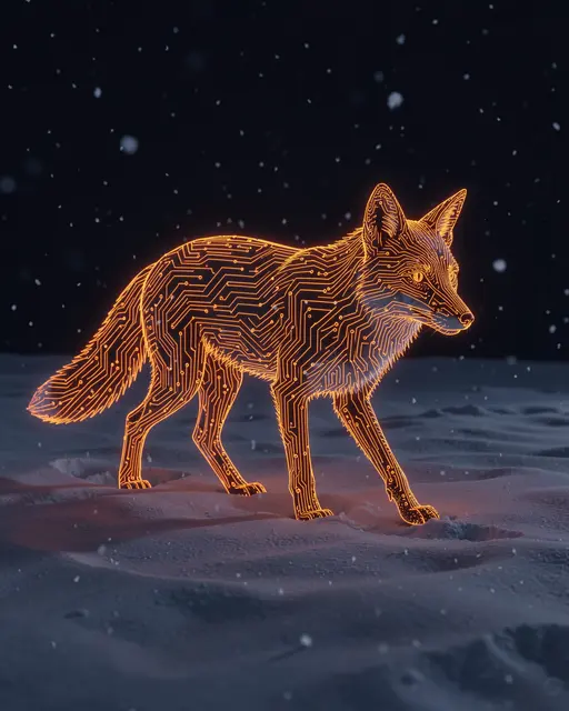 A fox constructed from glowing orange circuit traces walks across a dark snowy night field