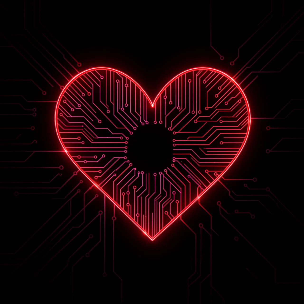 A glowing red and pink circuit board patterned heart set against a solid black background