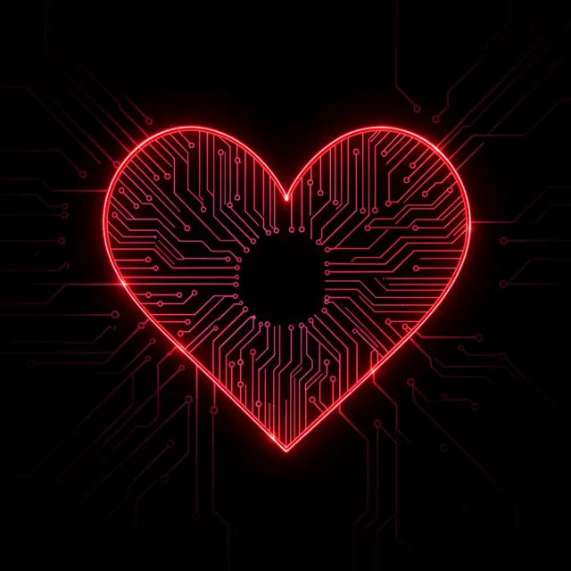 A glowing red and pink circuit board patterned heart set against a solid black background