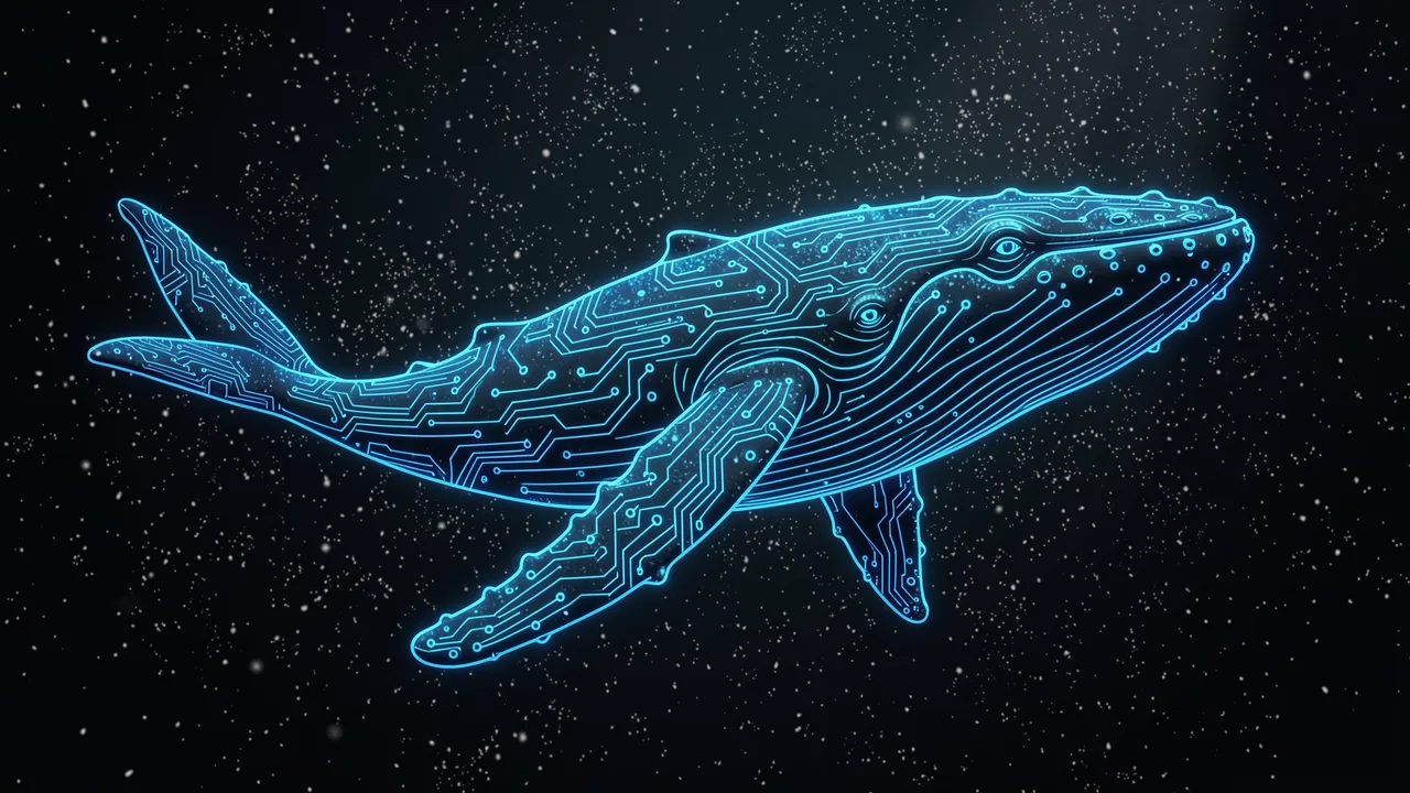 A digital circuit line humpback whale swims through a dark particle-filled space