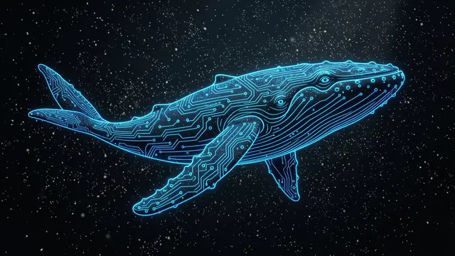 A digital circuit line humpback whale swims through a dark particle-filled space
