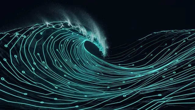 A curling breaking ocean wave rendered in glowing turquoise circuit traces against a dark background