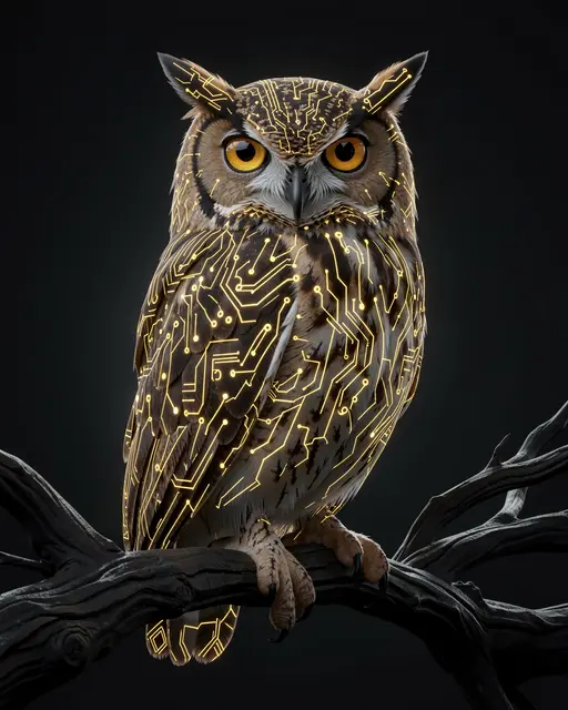 An owl patterned with glowing golden circuit traces sits perched on a gnarled dark branch against a dark background