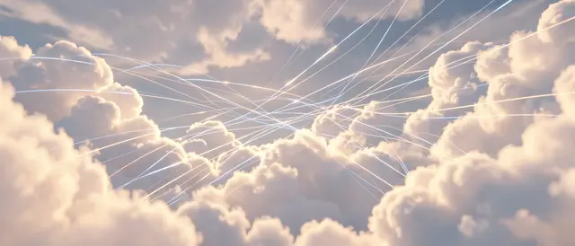Soft fluffy clouds are connected by thin glowing light lines across a pastel sky