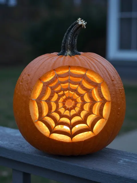 A lit jack-o'-lantern with a carved cobweb design sits on a dark porch railing at dusk