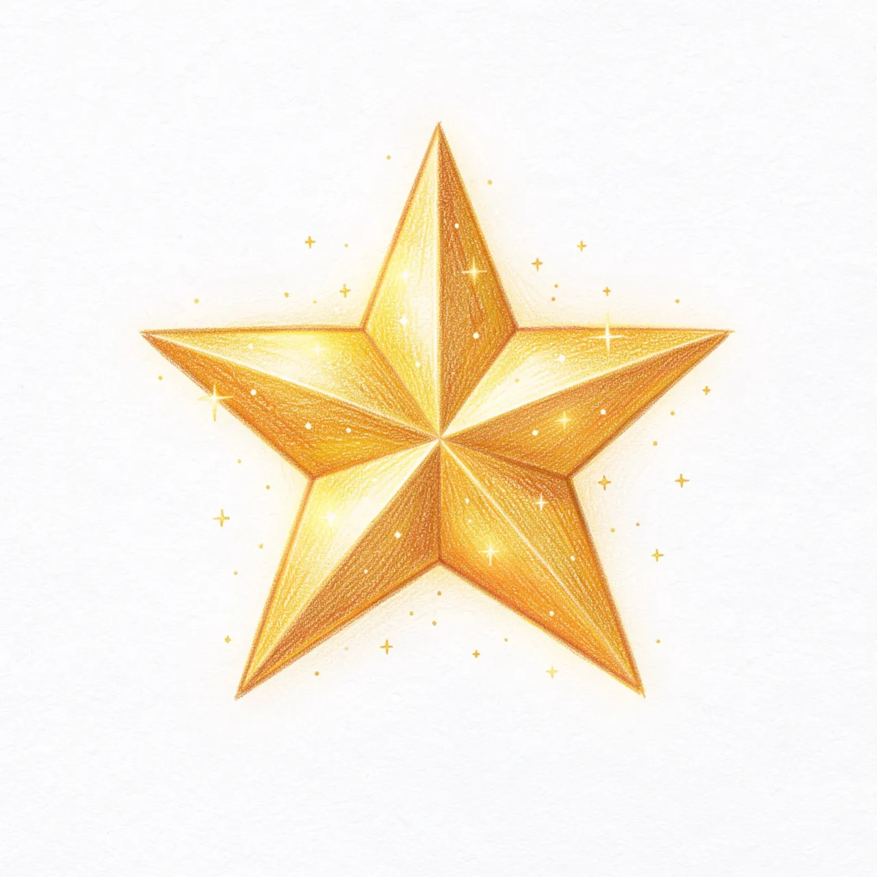 Hand drawn colored pencil five-pointed gold star with warm glow and tiny sparkles on textured white paper