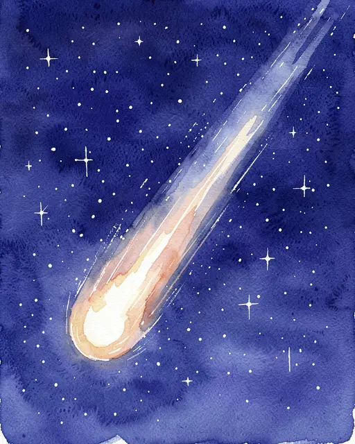 Watercolor painting of a glowing comet with a long tail streaking across a starry indigo night sky