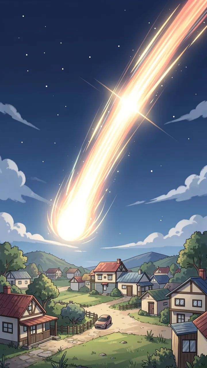 A bright glowing comet streaks across a starry twilight sky above a peaceful sleeping village