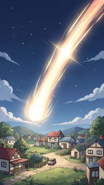 A bright glowing comet streaks across a starry twilight sky above a peaceful sleeping village