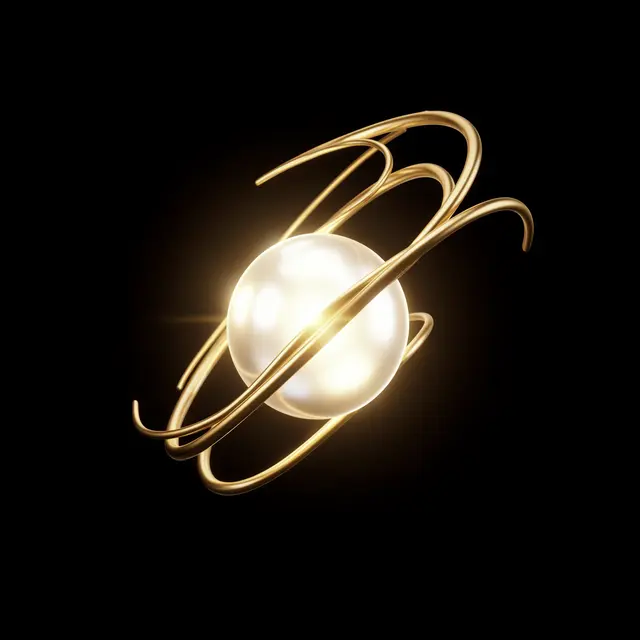 A bright luminous pearl orb is surrounded by curved thin gold rings against a solid black background