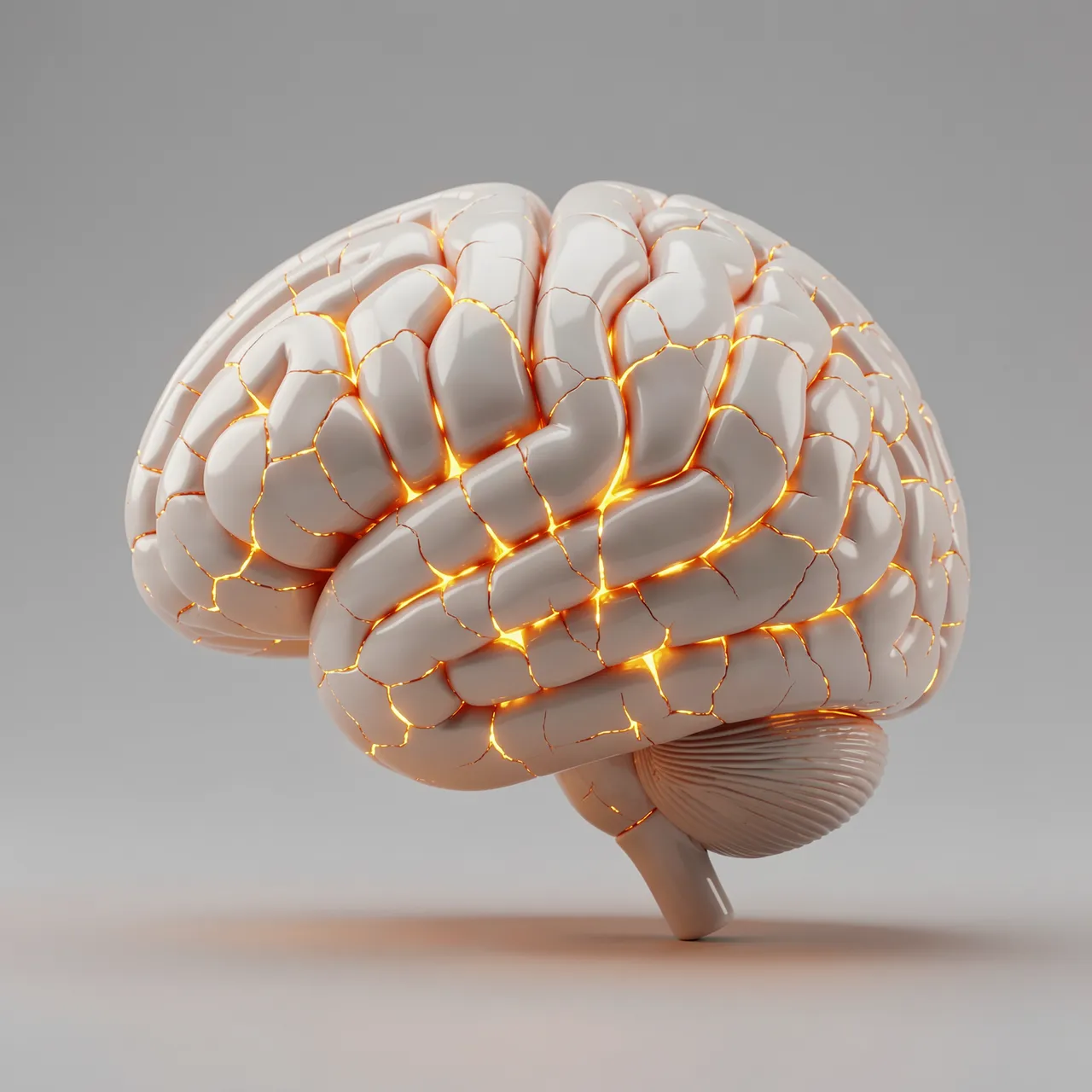 A glossy porcelain brain model glows with warm amber light shining through its fine surface cracks against a neutral gray