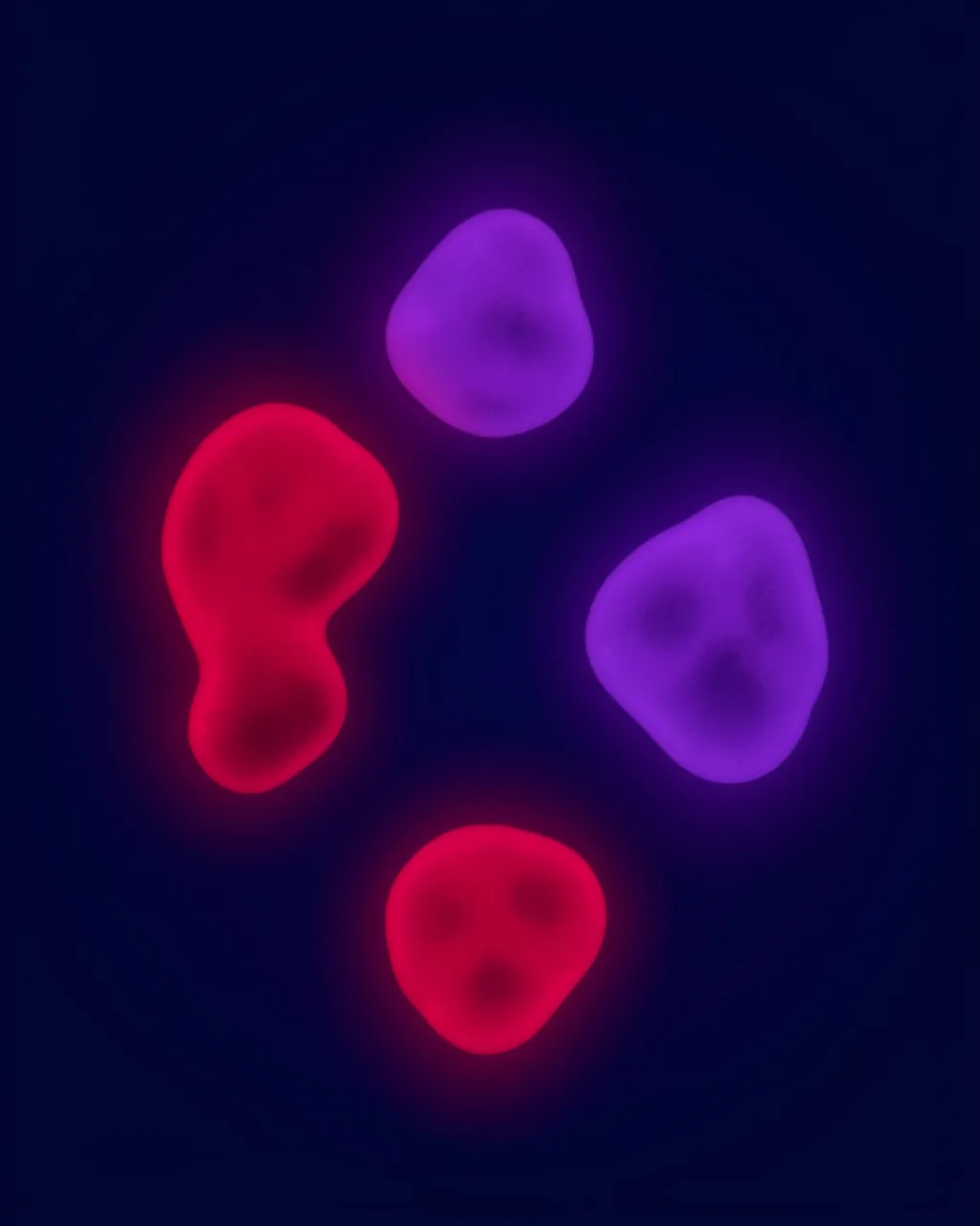 Four soft glowing crimson and violet amorphous blobs float against a deep midnight blue background