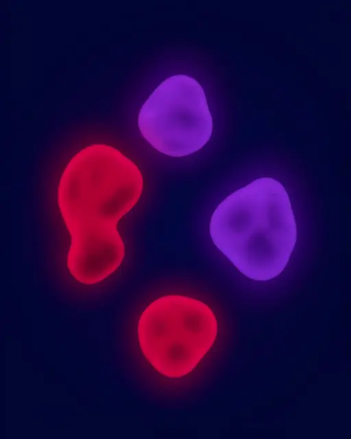 Four soft glowing crimson and violet amorphous blobs float against a deep midnight blue background
