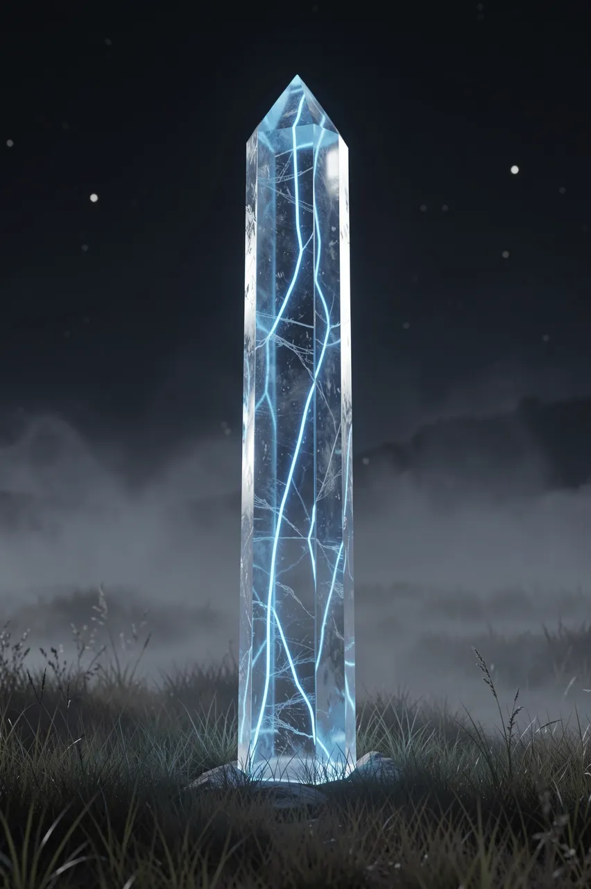 Tall frosted crystal pillar with glowing blue seams stands in a misty grassy night field