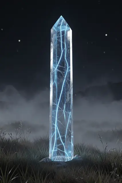 Tall frosted crystal pillar with glowing blue seams stands in a misty grassy night field
