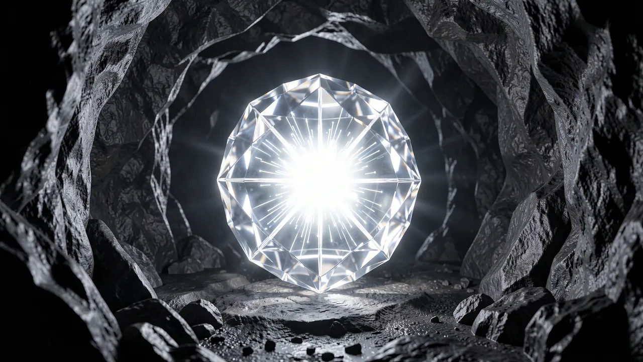 A faceted glowing crystal with bright internal light rests at the center of a dark rocky cavern
