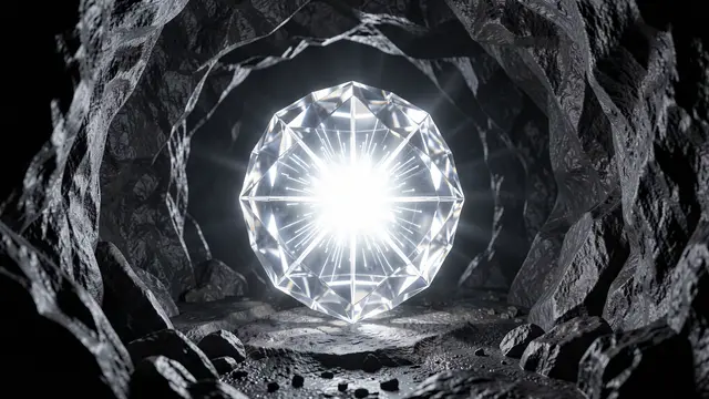 A faceted glowing crystal with bright internal light rests at the center of a dark rocky cavern