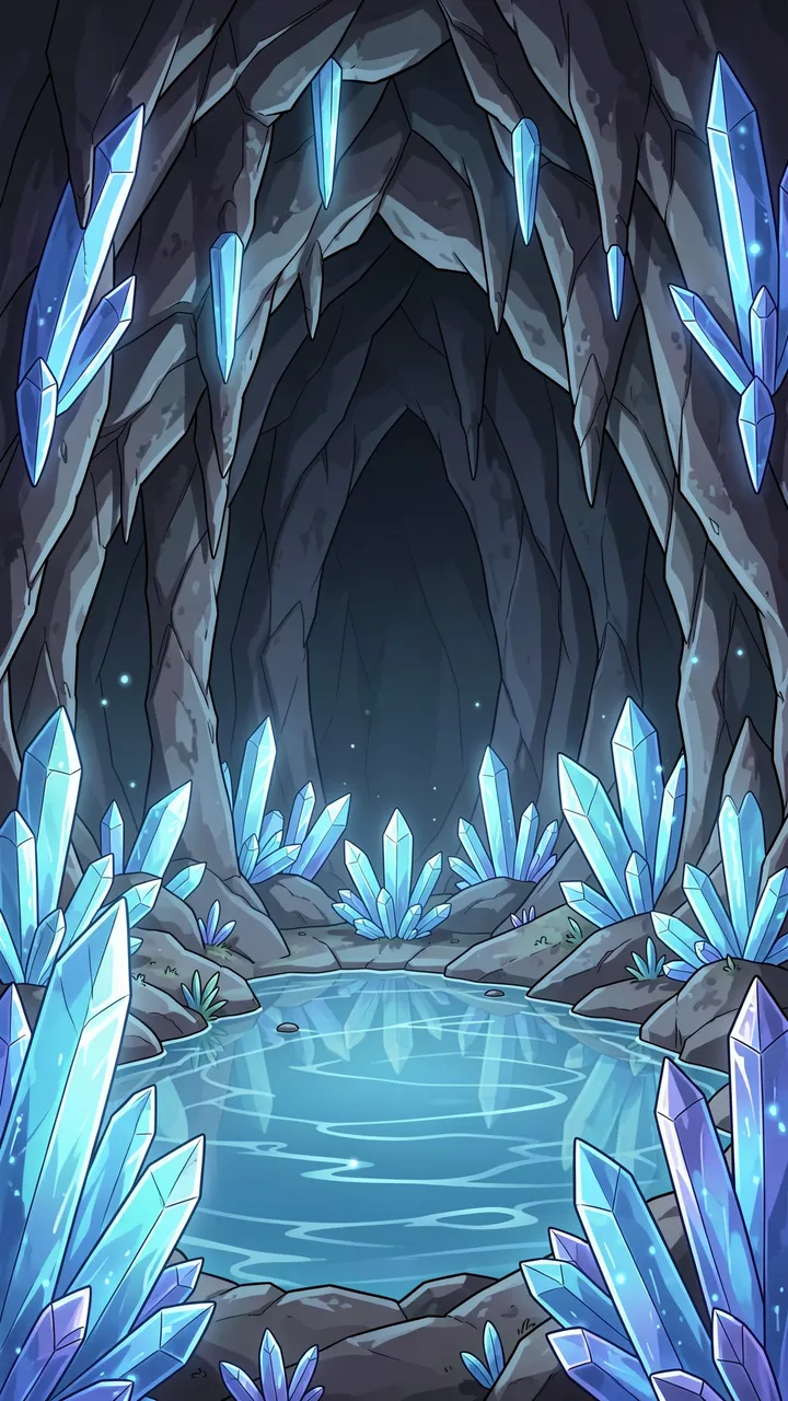 An anime-style underground cave holds a still pool surrounded by glowing blue crystals growing from rock walls