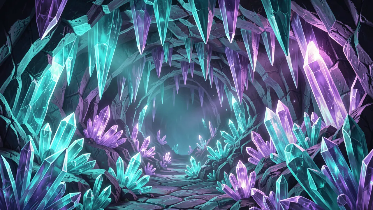 A winding cave tunnel lined with glowing turquoise and purple crystal formations creates a luminous fantasy scene.