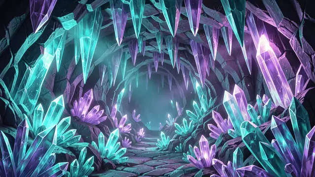 A winding cave tunnel lined with glowing turquoise and purple crystal formations creates a luminous fantasy scene.