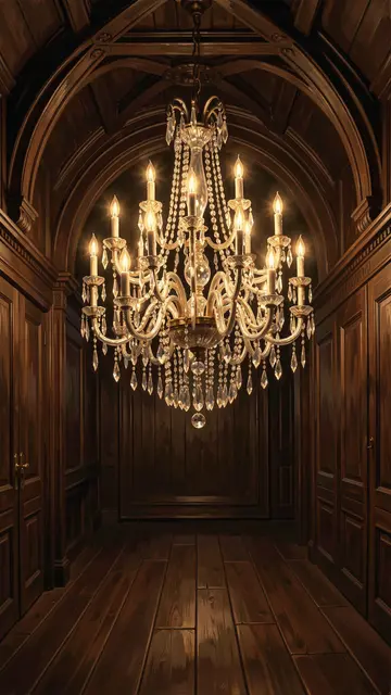 An ornate lit crystal chandelier hangs in a dark arched wood paneled hallway.