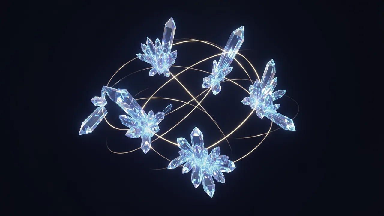 Floating glowing crystal clusters connected by thin golden light arcs against a dark background