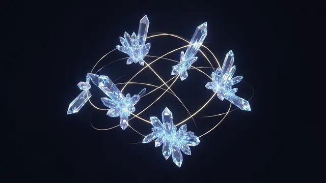 Floating glowing crystal clusters connected by thin golden light arcs against a dark background