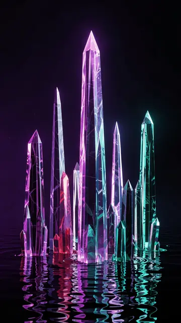 Tall glowing violet and teal crystal spires rise from still dark reflective water against a deep dark background