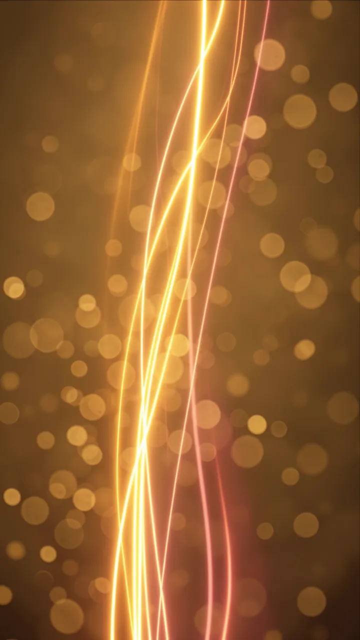 Vertical upward curving amber and rose light trails over soft golden bokeh haze