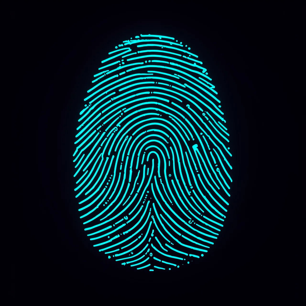 A glowing bright cyan fingerprint set against a solid dark black background