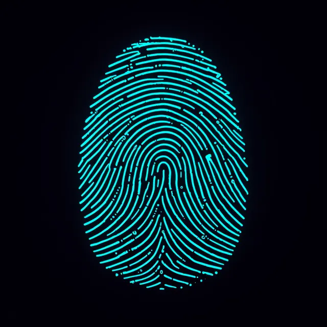 A glowing bright cyan fingerprint set against a solid dark black background