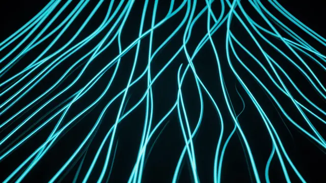 Smooth flowing cyan light ribbons curve and overlap against a solid dark black background