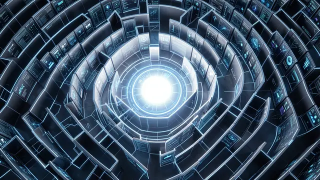 Top-down 3D render of a layered futuristic glowing maze with a bright central core and interface panels
