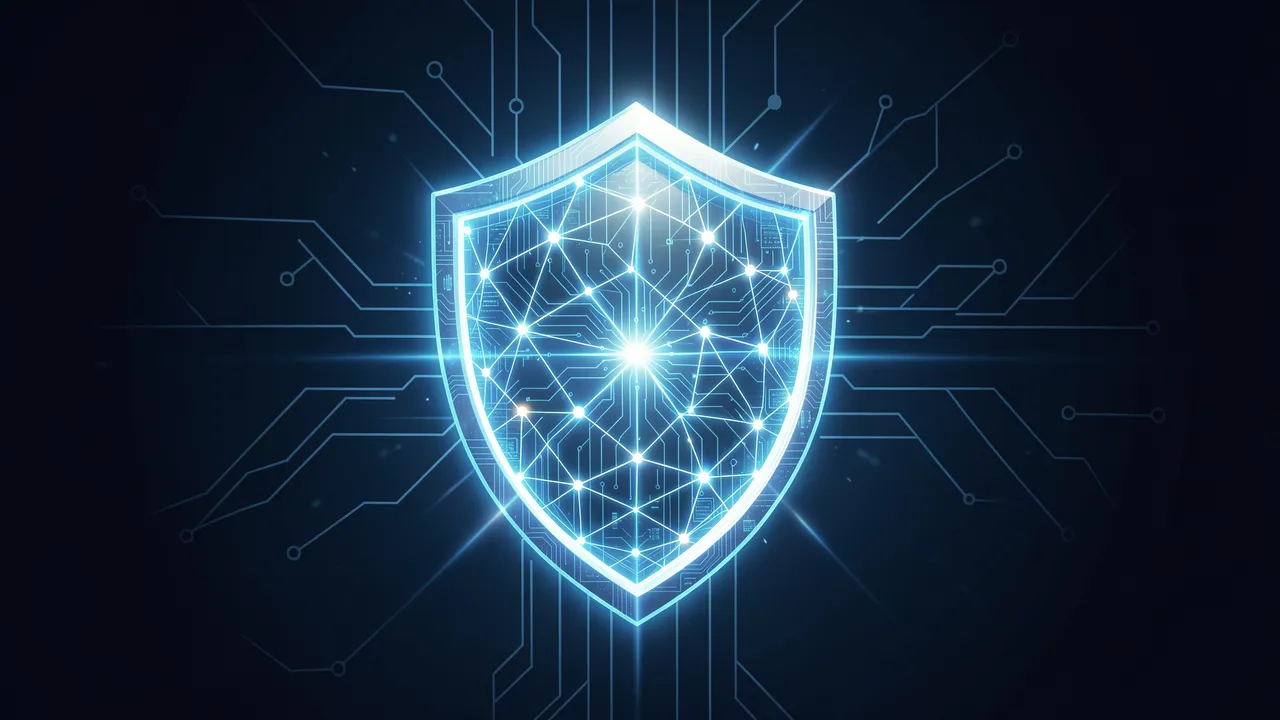 A luminous neon shield overlays a glowing digital network and circuit board pattern against a dark background