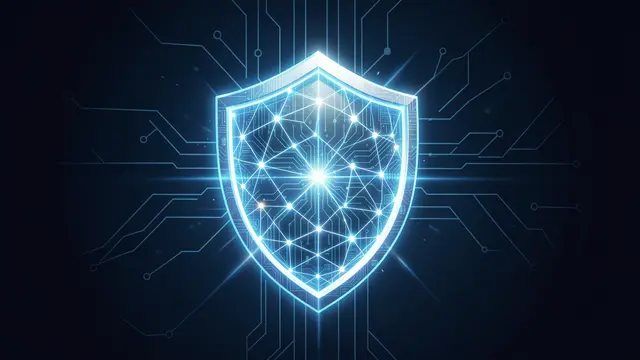 A luminous neon shield overlays a glowing digital network and circuit board pattern against a dark background