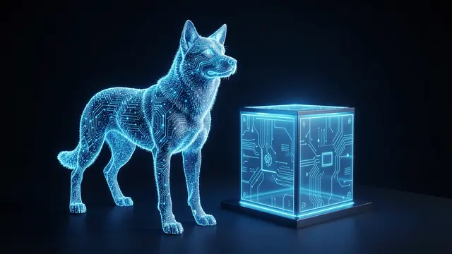 A glowing blue particle cyber guard dog stands alert next to a luminous circuit-pattern cube on a dark surface