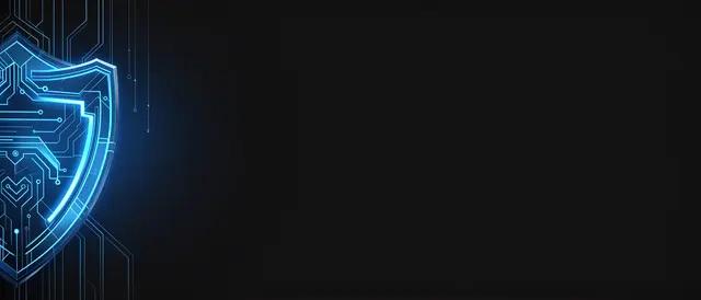 A glowing blue circuit-style shield sits on the left of a dark banner with empty copy space to the right