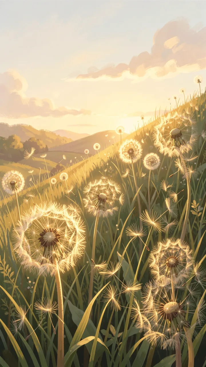 Dandelion seed heads glow in warm late sun across a grassy rolling hill