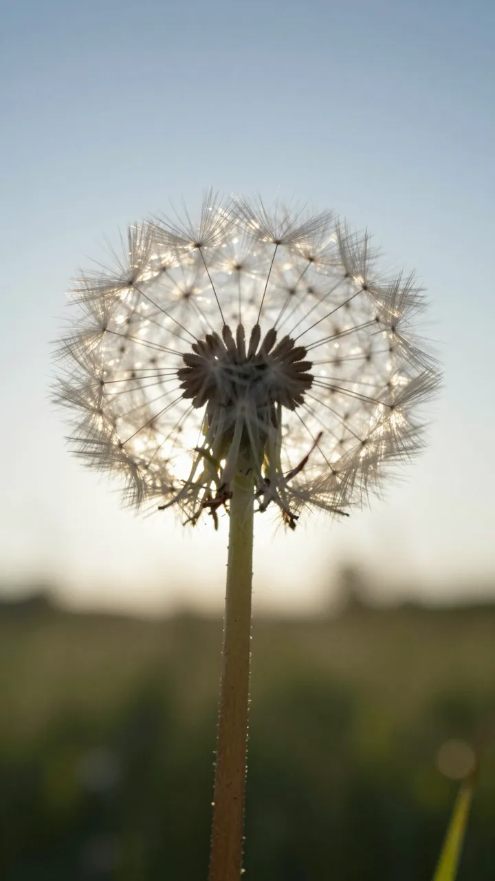 Close-up of a dandelion seed head backlit by soft low evening sun against a pale sky