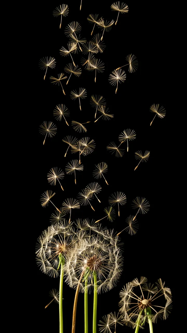 Delicate glowing dandelion seeds drift upward from seed heads against a solid black background
