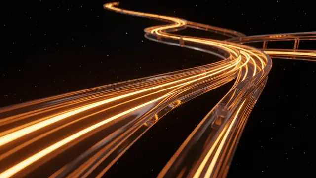 Warm orange light pulses travel along curved transparent glass rails against dark star-speckled space