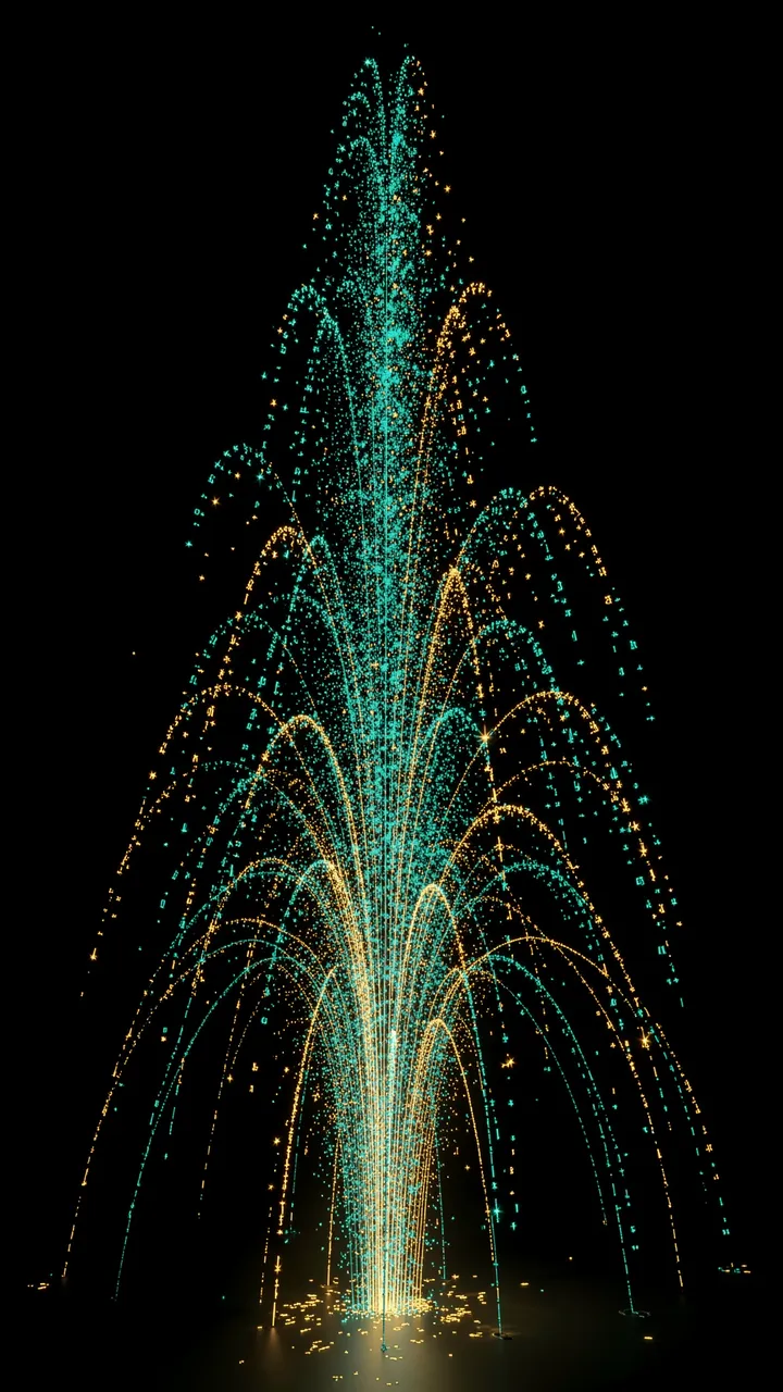 A vertical 3D render of teal and gold glowing particle fountain arcing upward against a solid black background