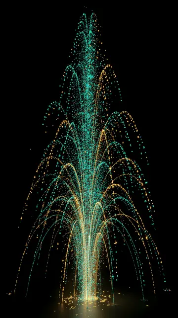 A vertical 3D render of teal and gold glowing particle fountain arcing upward against a solid black background